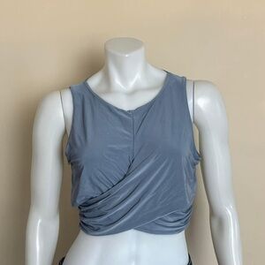 Missguided - stone blue cropped, cross-front stretchy tank. 12 - fits 10/12